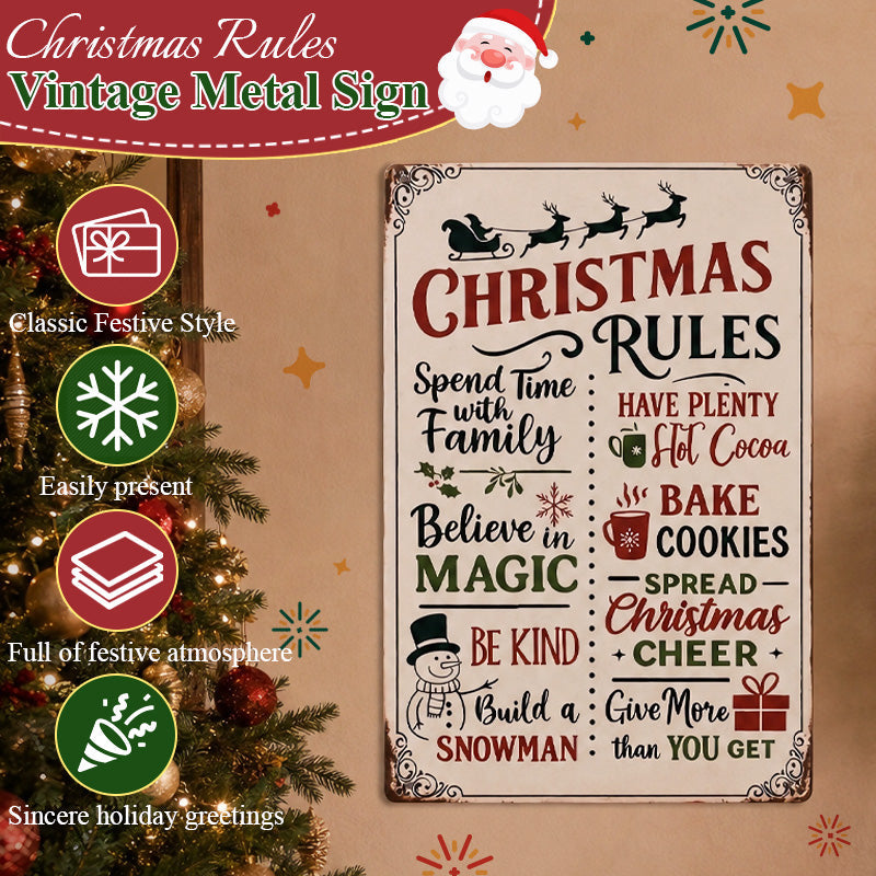 Retro Christmas Rules Tin Sign | Festive Family Quote Wall Art