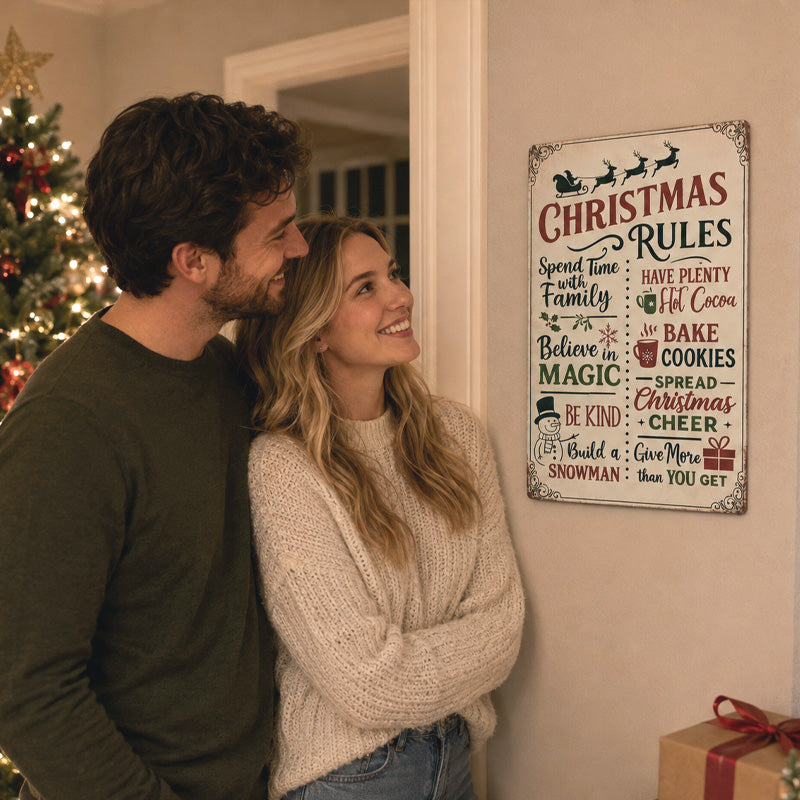 Retro Christmas Rules Tin Sign | Festive Family Quote Wall Art