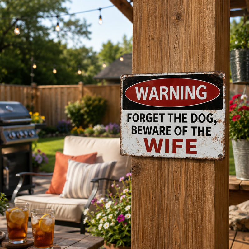 Funny Warning Metal Sign – Forget The Dog, Beware Of The Wife | Novelty Wall Plaque for Man Cave & Garden
