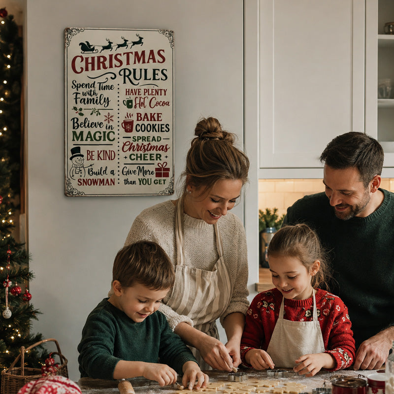 Retro Christmas Rules Tin Sign | Festive Family Quote Wall Art