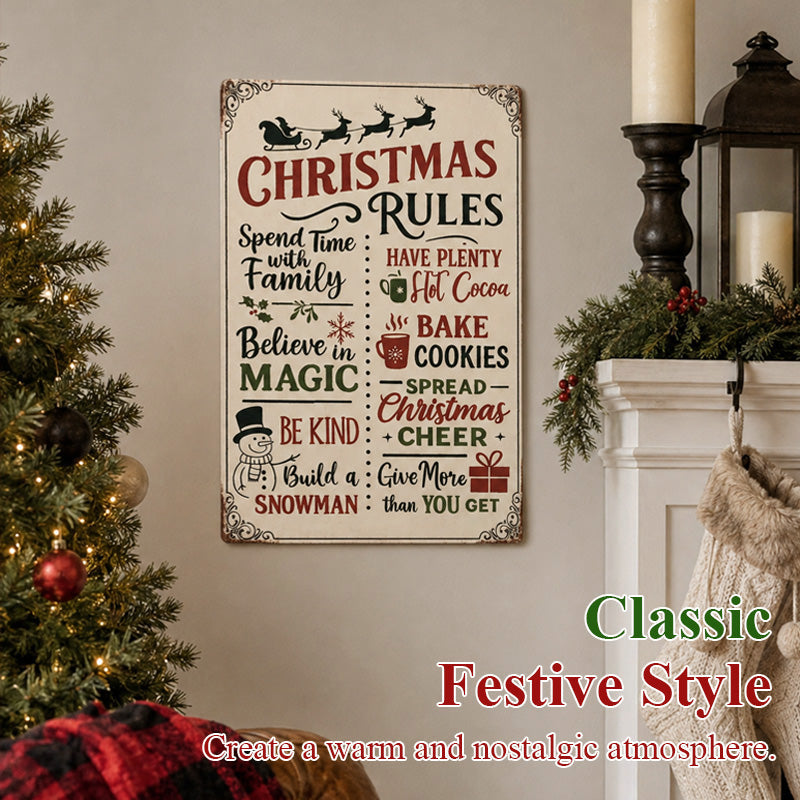 Retro Christmas Rules Tin Sign | Festive Family Quote Wall Art
