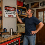 Funny Warning Metal Sign – Forget The Dog, Beware Of The Wife | Novelty Wall Plaque for Man Cave & Garden