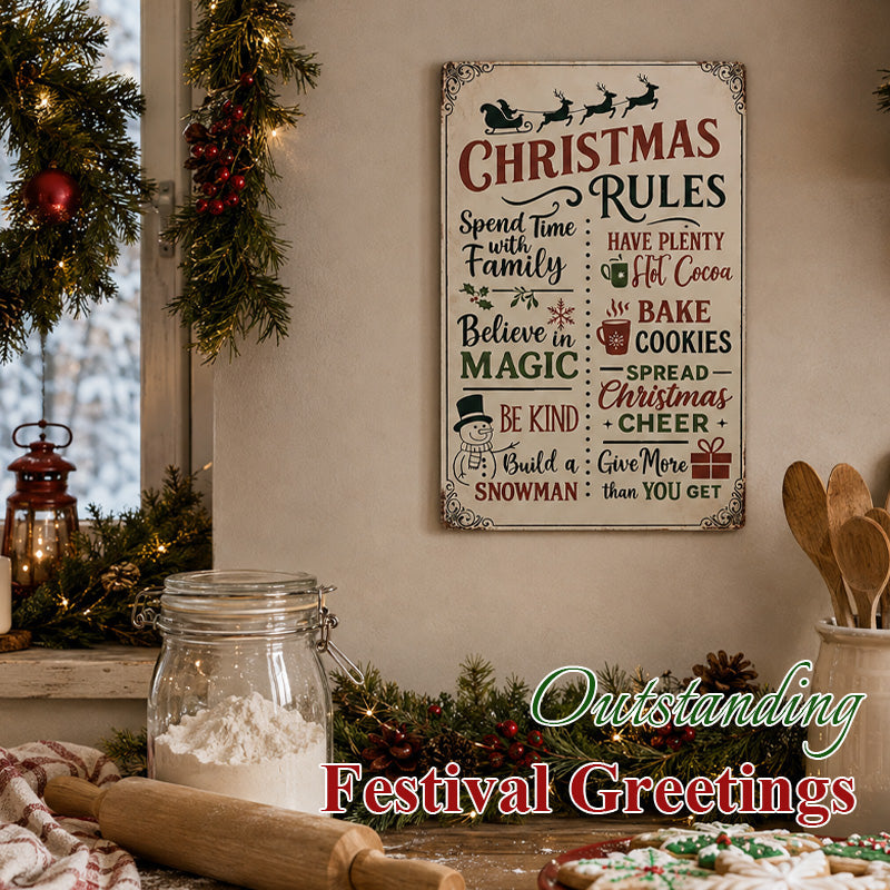 Retro Christmas Rules Tin Sign | Festive Family Quote Wall Art