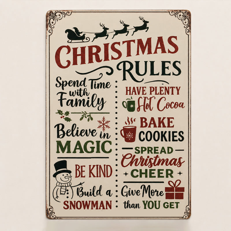 Retro Christmas Rules Tin Sign | Festive Family Quote Wall Art